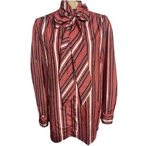 Classic Woman By Evan Piccone Red White Black Blouse Button Long Sleeve